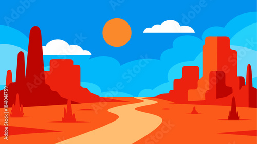 Cartoon desert landscape with a winding road and mesas on transparent background