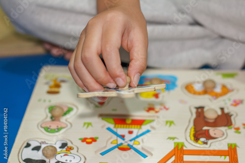 Child’s Hand Playing with Wooden Animal Puzzle