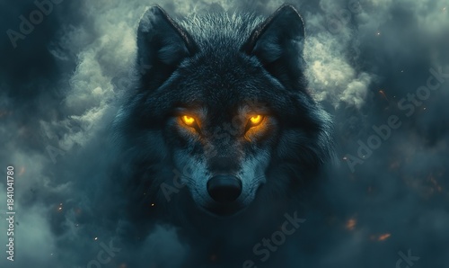 Majestic grey wolf with glowing orange eyes emerges from dark mystic smoke.