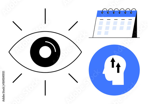 Visual perception concept. A bold eye symbol, a calendar for planning, and a growth mindset icon for self-improvement. Visual perception enhancing focus and prioritization. For productivity