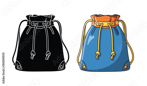 a detailed illustration showcases two drawstring bags one in monochrome black and white and the other colored in shades of blue and orange high quality