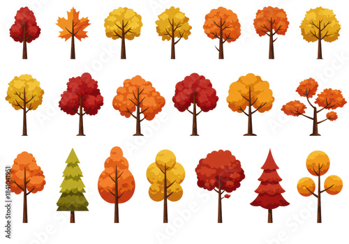 a collection of stylized 2d vector autumn maple and oak trees in vibrant red and yellow colors, arranged as a graphic design asset pack on a transparent background. concept for digital assets
