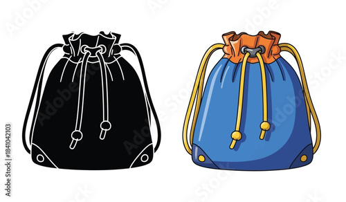 a detailed illustration showcases two drawstring pouches one rendered in stark black and white outline form and another in vibrant shades of blue and orange