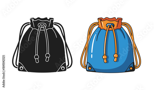 a visual comparison showcasing a black and white sketch alongside a vibrantly colored illustration of a drawstring backpack highlighting design differences high quality professional detailed