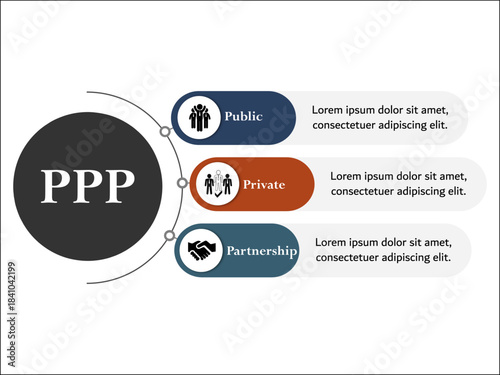 PPP - Public Private Partnership acronym. Infographic template with icons and description placeholder