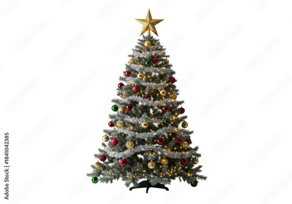 Obraz premium ultra detailed classic christmas tree with dense silver tinsel, deep crimson and antique gold glass baubles, glowing lights, isolated on a transparent cyclorama. concept of refined holiday luxury