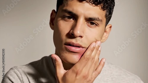 A Young Man With A Lip Injury Is Examining His Mouth In Various Poses