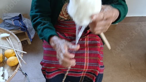 A Handloom Weaver preparing handspun yarns in India.	
