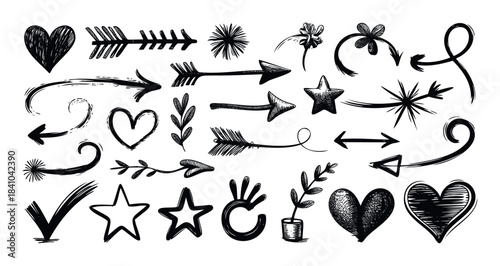 Hand drawn sketchy graphic symbols featuring hearts, arrows, stars, and check marks for celebratory or directional messages and diverse applications.