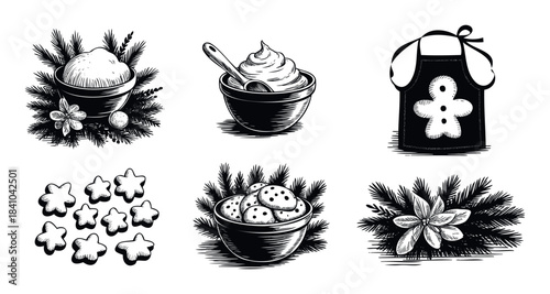 Handdrawn black and white icons of Christmas treats, baking ingredients, and festive decorations for holiday baking and cooking themes.