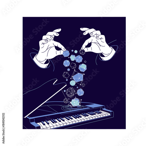 Stylized hands conjure an imaginative flow of multifaceted geometric shapes, gracefully descending onto a classic piano keyboard, representing artistic inspiration.