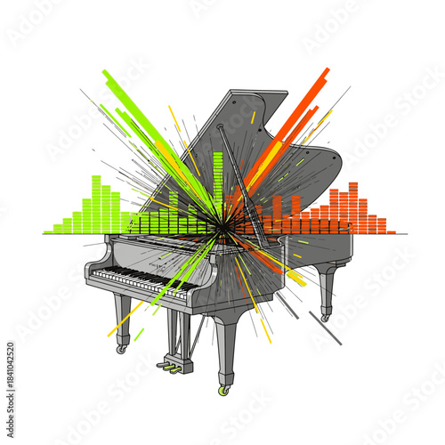 A dynamic illustration of a grand piano bursting with vibrant, colorful sound equalizer bars, symbolizing the powerful energy and artistic expression of music.