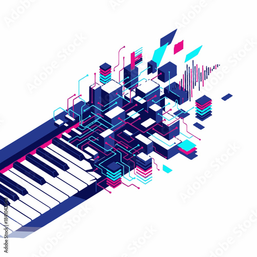 An innovative isometric illustration blends a piano keyboard with a complex digital circuit, representing the evolving synergy of music, technology, and artificial intelligence.