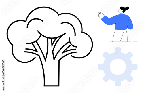 Nature, technology, human interaction, ecology, teamwork, problem-solving. Abstract tree and gear design with a pointing person. Nature and technology concepts illustrated through simple elements