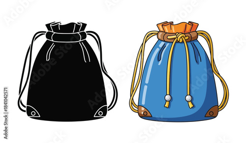 an illustration presents two drawstring bags one in solid black and the other in blue with golden accents side by side for comparison high quality