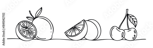 Black and white line drawings of citrus fruit slices and cherries, perfect for graphic use in food branding, menus, or recipe content.