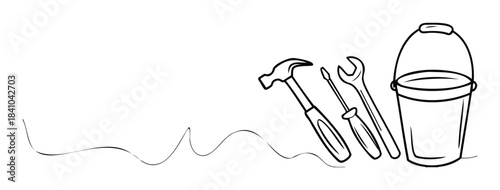 Collection of hand drawn tools including hammer, wrench, screwdriver and bucket with wavy line below for construction or DIY projects