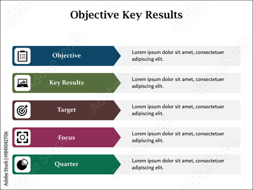 Five Objective Key results. Infographic template with icons and description placeholder