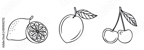 Simple outline drawings of fruits including lemons and cherries, perfect for healthy eating promotion and culinary content creation.