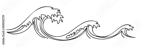 Stylized black ink outline of ocean waves crashing in sequence, perfect for aquatic themes, travel brochures, or any maritime related project needing dynamic water imagery