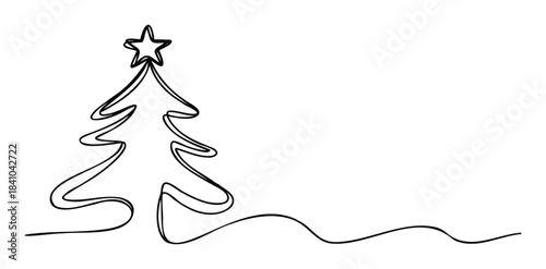 Minimalist single line drawing of a Christmas tree topped with a star, perfect for holiday greetings and festive promotions