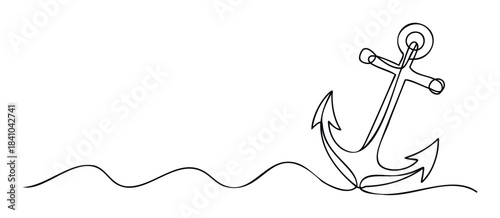 Minimalist one line drawing of a nautical anchor with waves perfect for maritime themes, travel inspiration, or seafaring concepts in graphic applications