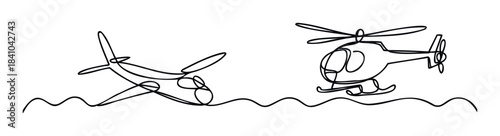 Minimalist line drawing of an airplane and a helicopter flying over wavy ground, perfect for aviation themes and simple transport graphics.