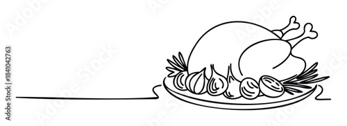 Classic outline drawing of a roasted turkey dinner with vegetables on a platter, perfect for holiday feasts and culinary promotions