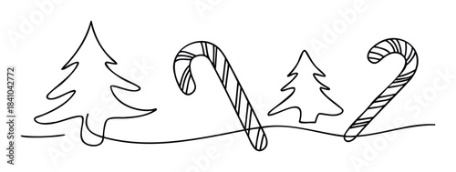 Simple continuous line drawing of festive Christmas trees and candy canes evoking holiday cheer and winter celebrations, perfect for seasonal greeting cards and joyful decorations.
