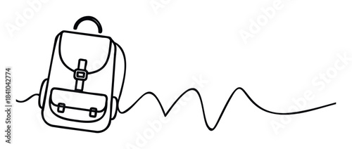 Minimalist continuous line drawing of a backpack with a flowing wavy strap, perfect for travel and adventure themes.