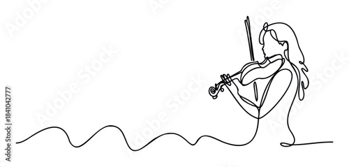 Minimalist continuous line drawing of a woman playing the violin, perfect for music promotion, creative expression, and elegant visual themes.