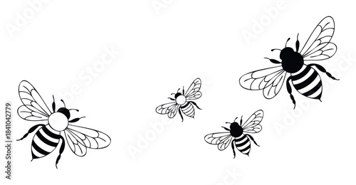 Collection of stylized black and white line drawing bees in dynamic flight poses, perfect for graphic projects, website elements, and print media for a natural or playful theme.