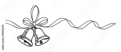 Delicate black and white line drawing of two wedding bells tied with a ribbon and bow, perfect for invitations, decorations, or romantic announcements.