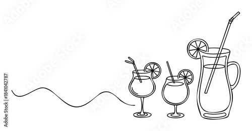 Handdrawn sketch of a pitcher and glasses filled with refreshing drinks with citrus slices and straws, perfect for summer beverage marketing and party themes