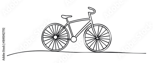 Simple black line drawing of a bicycle on a wavy ground line, perfect for graphic design, transportation themes, or healthy lifestyle concepts.