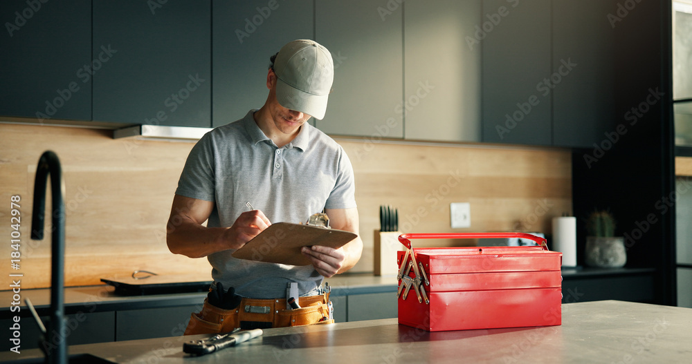 Fototapeta premium Man, technician and writing on clipboard at house for inspection, plumbing evaluation or report. Male person, toolbox and checklist for home maintenance, diagnostic notes and service costs of repairs