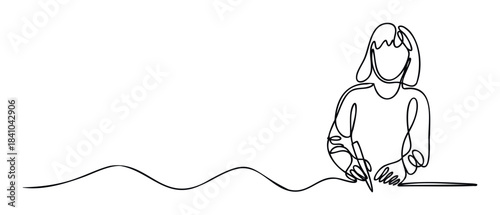 Continuous line drawing of a person writing or drawing with a pen on a surface, perfect for creative projects, journaling, and education themes.