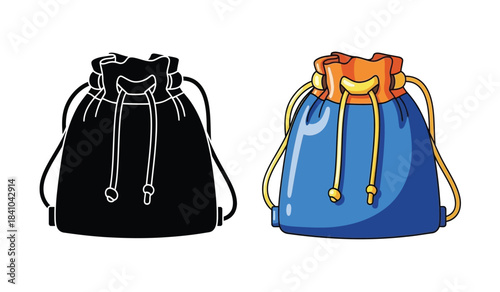 a detailed illustration showcases two drawstring pouches one in stark black and white outline and the other richly colored in blue and orange tones