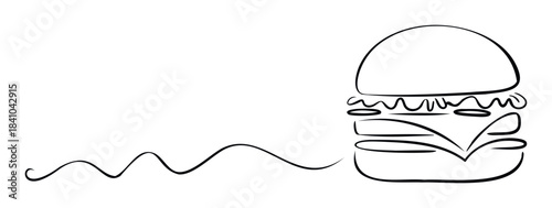 Minimalist black outline of a stylized hamburger with wavy trailing line used for food advertising or graphic media projects