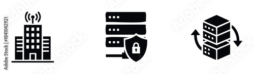 Set of icons representing modern office building with WiFi signal, secure data server with lock, and distributed network of interconnected cubes for cloud computing or data storage