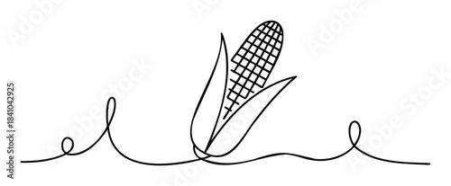 Whimsical single line drawing of a fresh ear of corn with leafy husks and a wavy stem, perfect for food and agriculture related projects and harvest themes.
