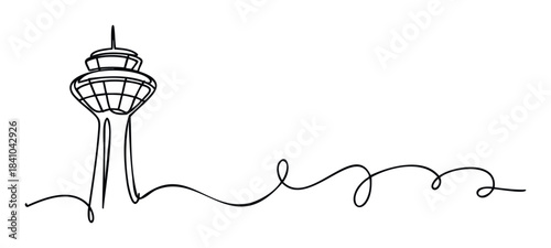 Minimalist single line drawing of a tall observation tower with a sweeping curved line extending to the right, perfect for architectural concepts or travel themes.