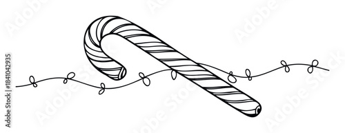 Festive candy cane entwined with a string of festive lights, perfect for holiday promotions and greeting cards, evoking a celebratory Christmas spirit