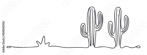 Simple black line drawing of desert cacti and arid landscape for creative graphic applications and nature themes