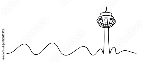 Abstract continuous line drawing of a communication tower with wavy ground symbolizing a cityscape for architectural exploration or technology concepts