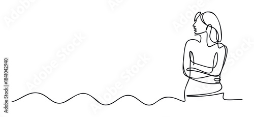 Minimalist single line drawing of a woman with arms crossed looking thoughtfully to the side, perfect for conceptual use in selfreflection or empowerment themes
