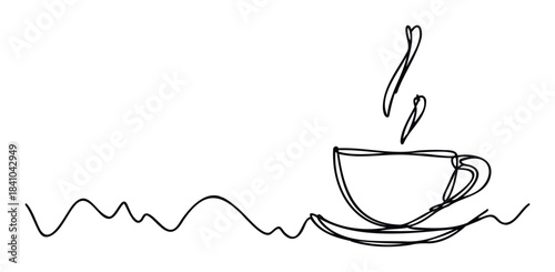 A simple black line drawing depicts a steaming coffee cup on a saucer, with a wavy line extending to the left, ideal for beverage promotions and cafe branding.