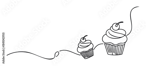 Two cupcakes, one small and one large, connected by a continuous line, perfect for celebrations, baking, or sweet treats promotions.
