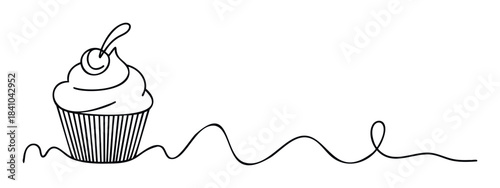 Minimalist outline of a single cupcake with cherry topping and flowing wavy line, perfect for sweet treat marketing and culinary themes.