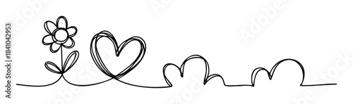 Simple single line drawing of a flower and heart symbolizing love and nature, perfect for graphic applications and organic themes.